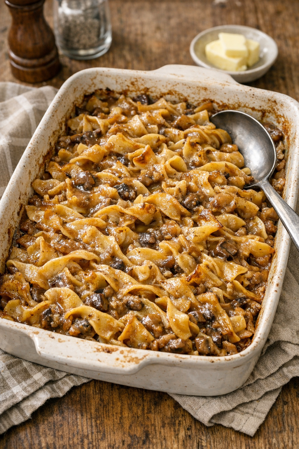 Finished baked golden mushroom noodle casserole in a rustic baking dish