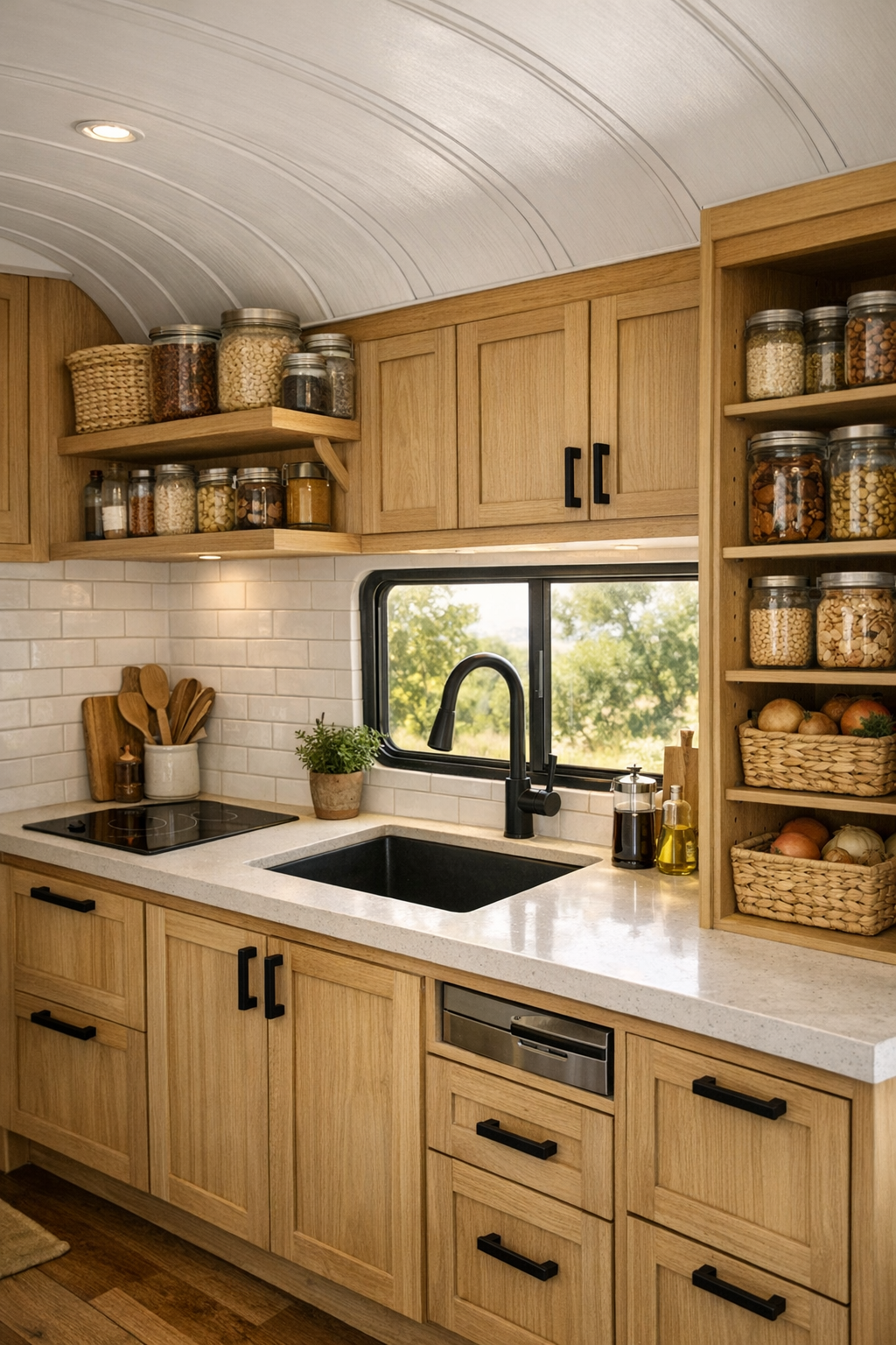 Modern bus kitchen with light wood cabinets, a compact cooktop, and a sink by the window