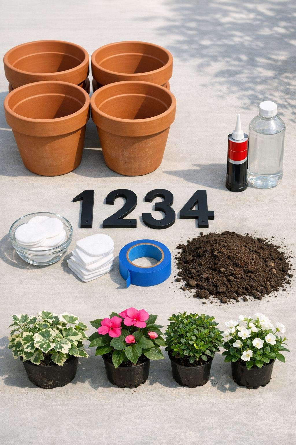 Terracotta pots, black house numbers, adhesive, and potting supplies laid out together