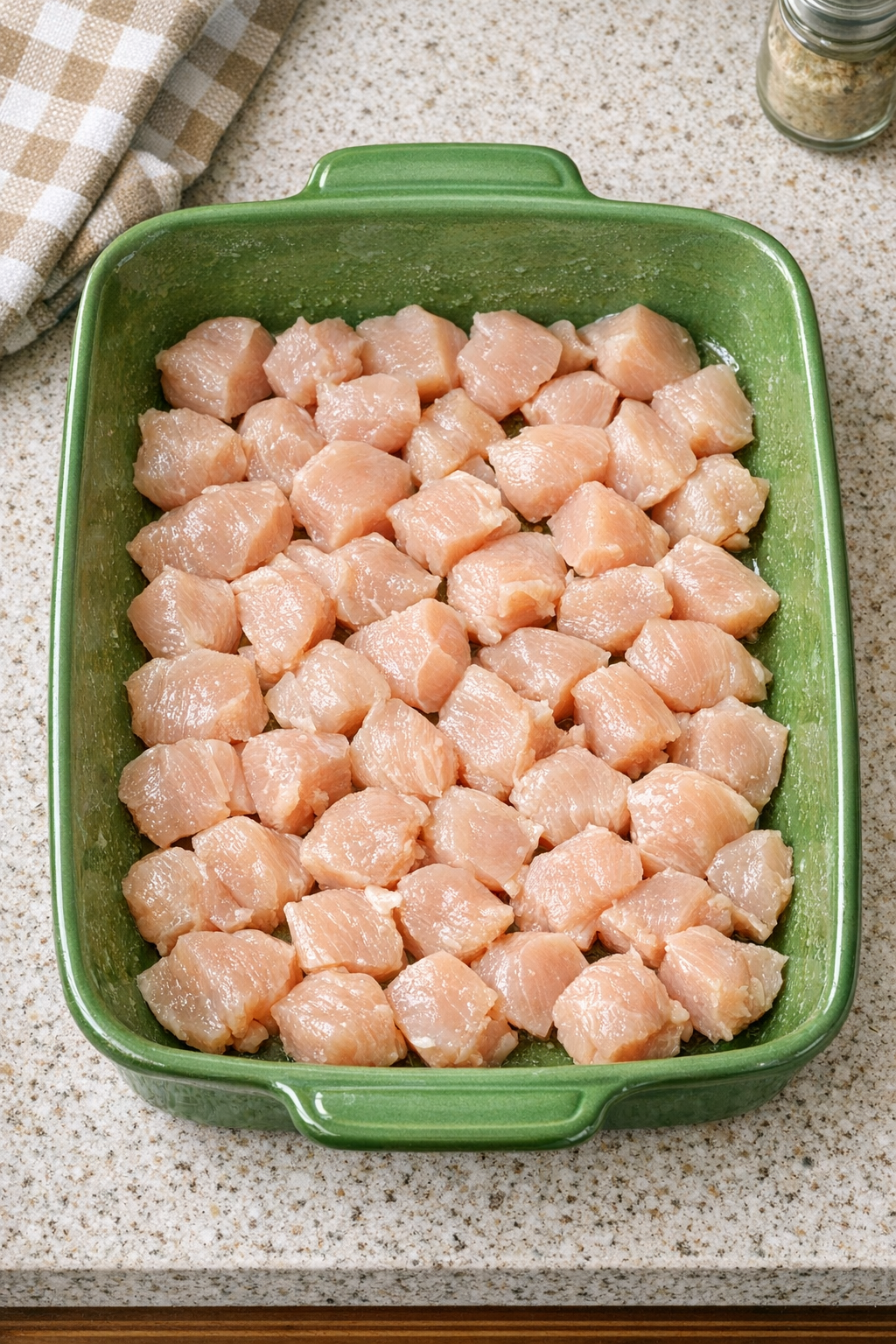 Raw chicken pieces arranged in a greased casserole dish