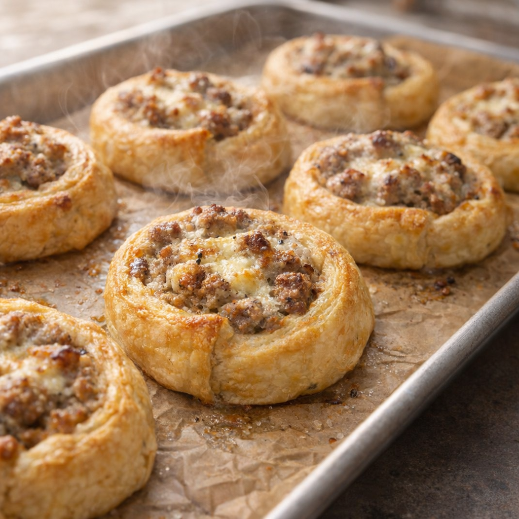 Freshly baked sausage pinwheels cooling on a baking sheet