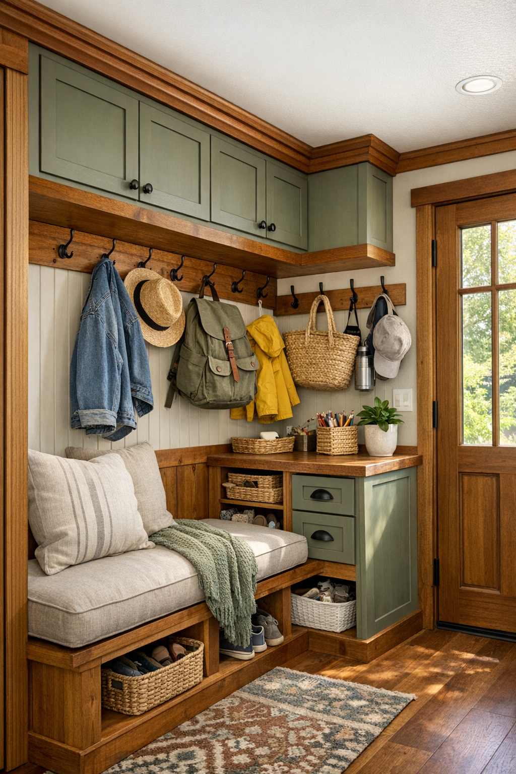 Smart in-between space with built-in storage, a bench, hooks, and warm craftsman details in a small RV interior