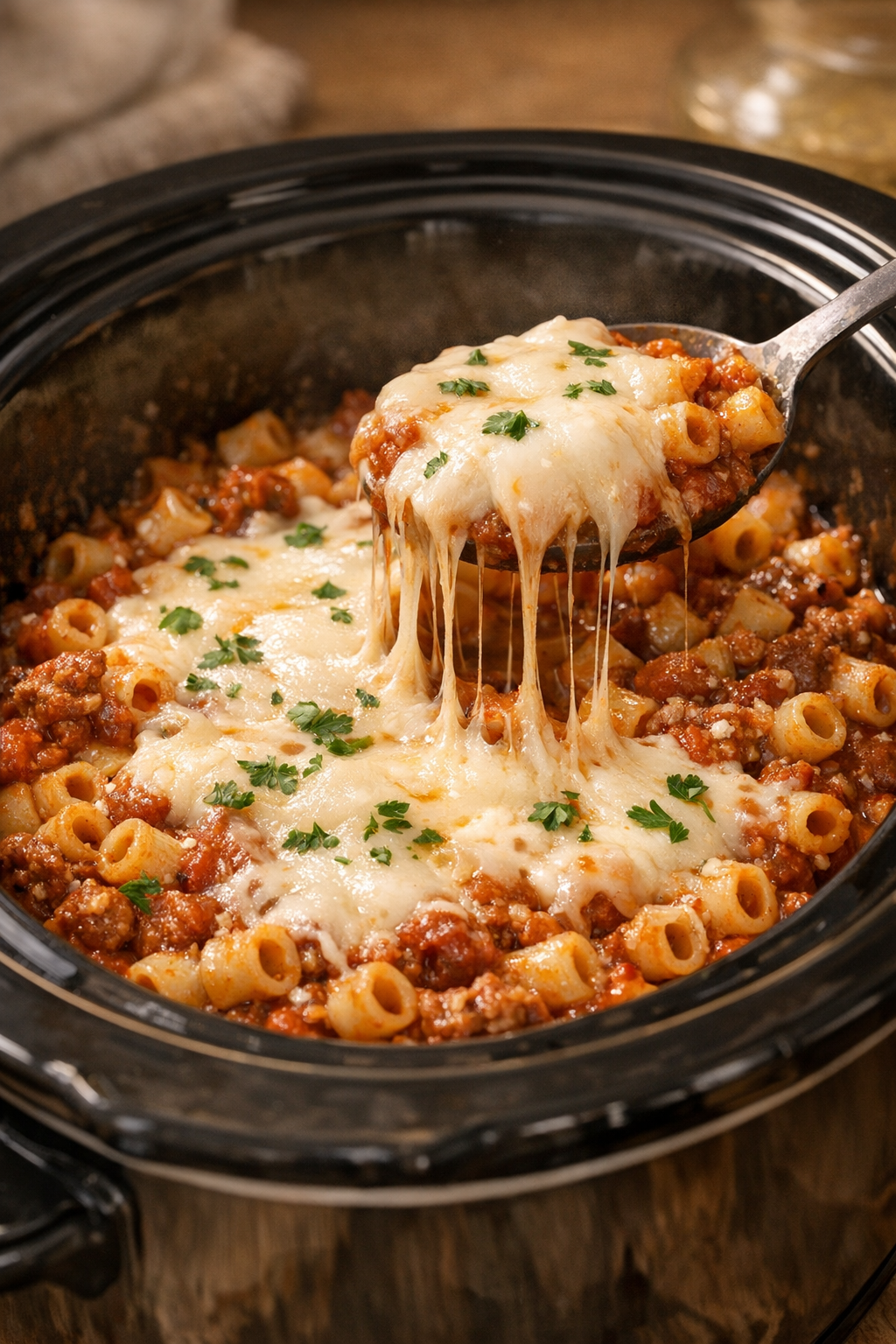 Melted mozzarella over slow cooker tubetti