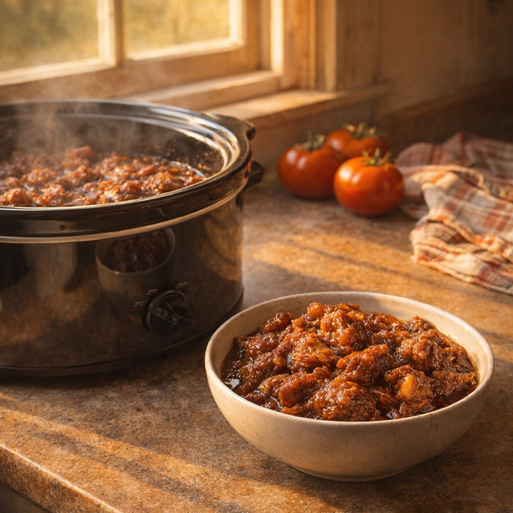 Slow cooker supper on a summer kitchen counter