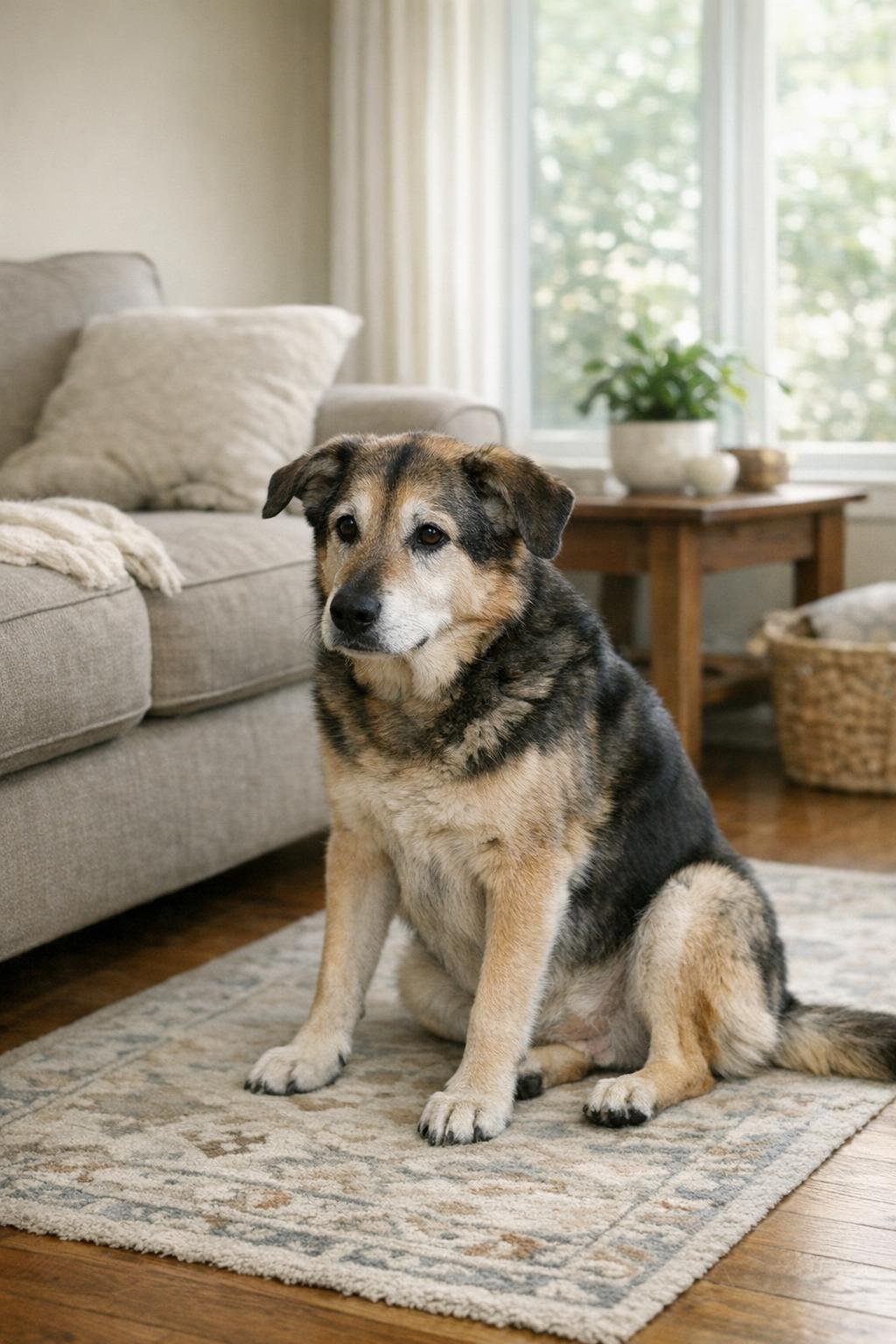 Older dog sitting carefully on a rug near a couch