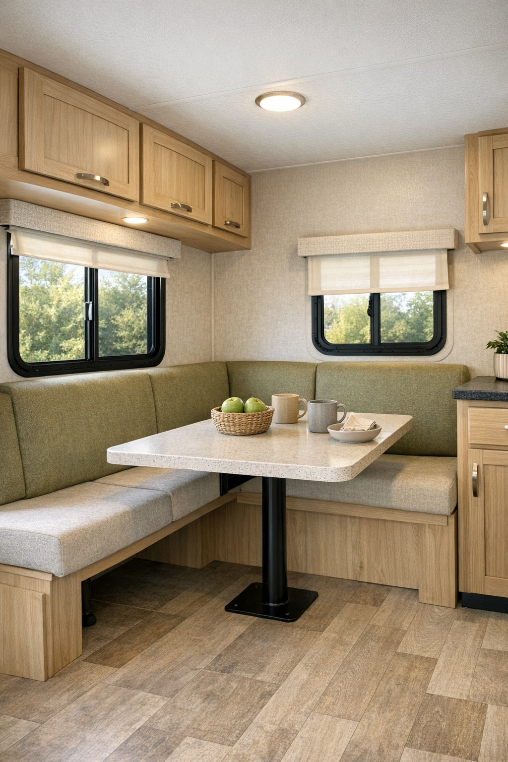 RV dining nook with banquette seating, accessible table, and warm natural light