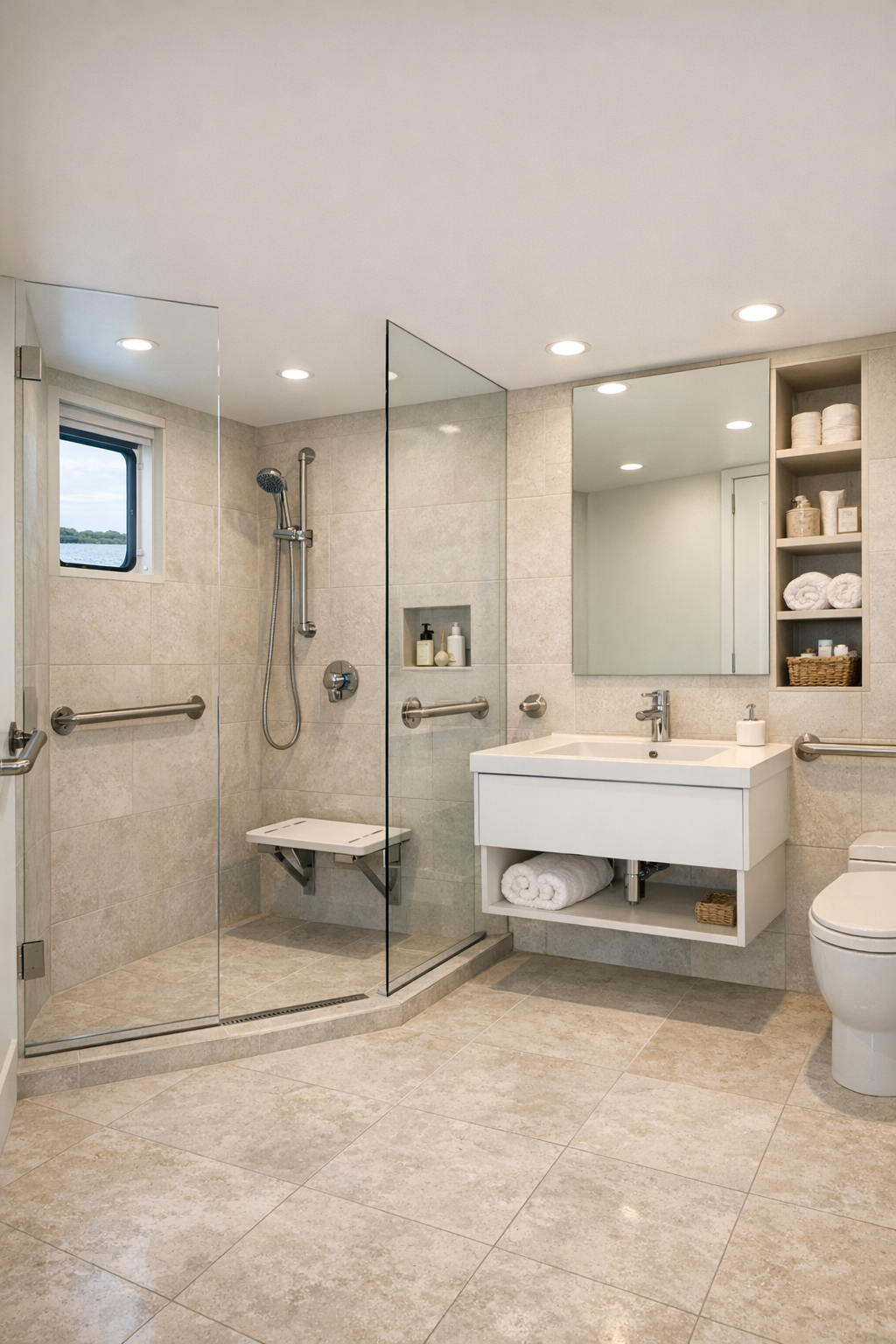 Accessible bathroom with curbless shower and pale stone finishes