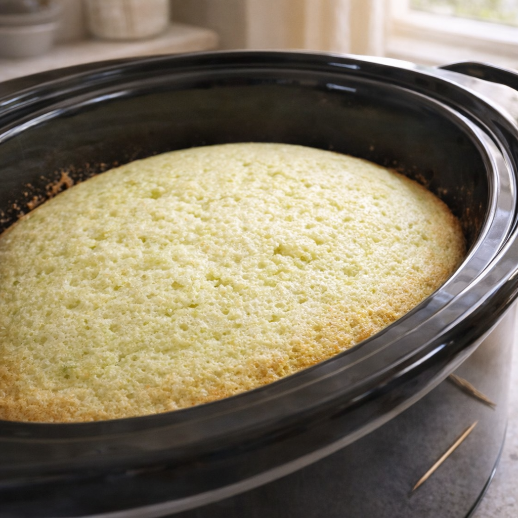 Finished key lime cake inside the slow cooker