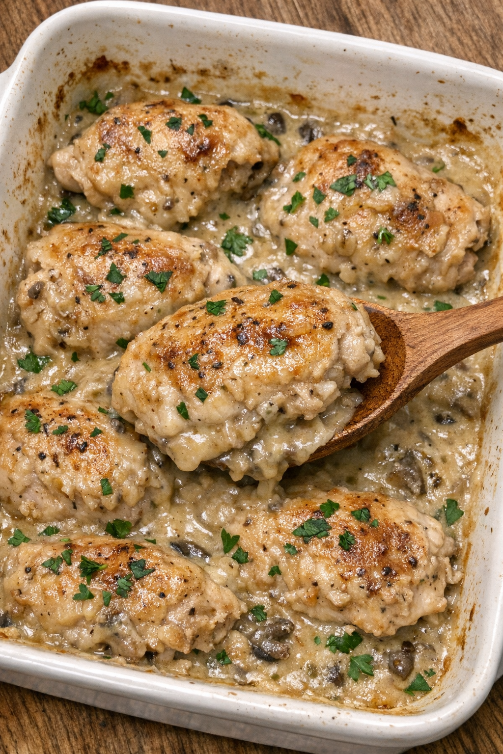 Golden brown chicken in creamy mushroom sauce