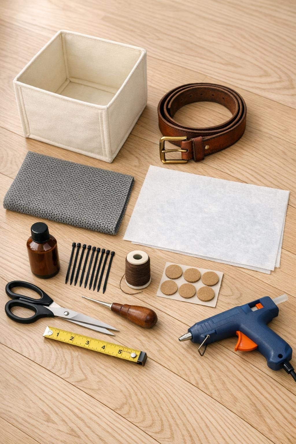 Materials for a bedside caddy laid out neatly