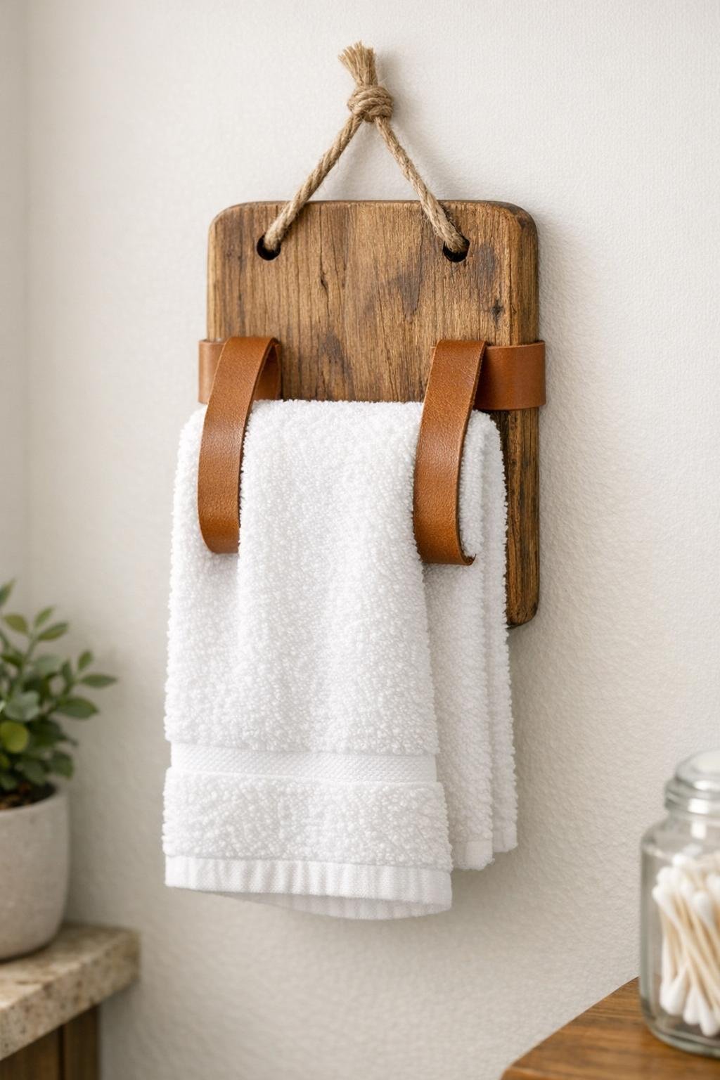 Finished rustic wooden cutting board hand towel holder in a bathroom
