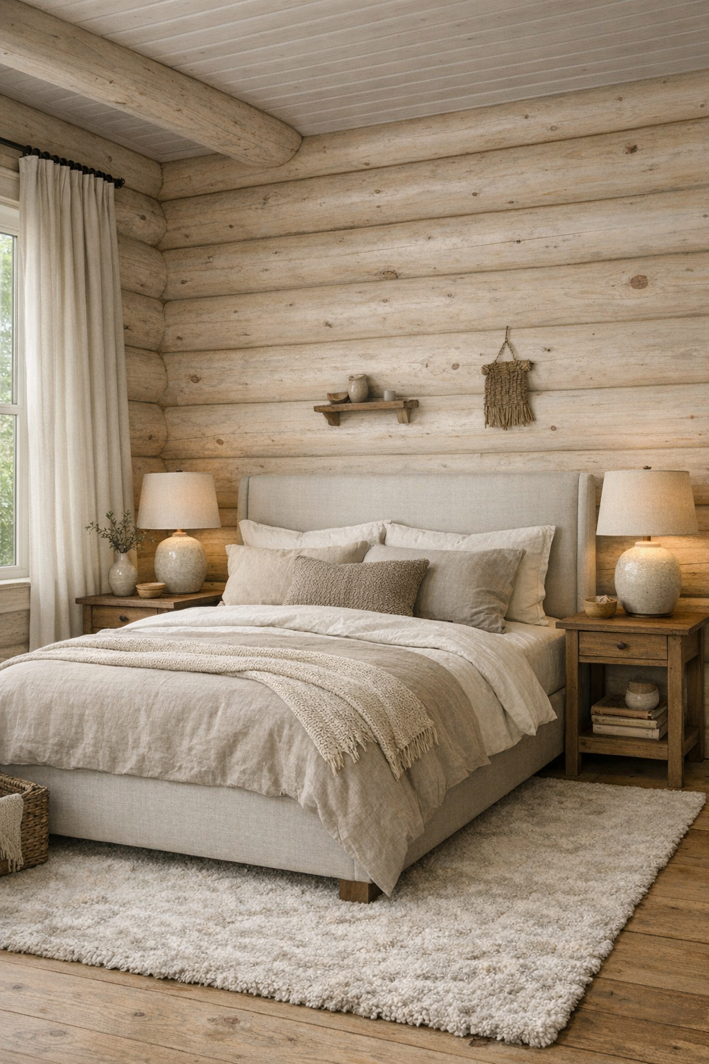 Serene bedroom with pale log walls, an upholstered bed, layered neutral bedding, and soft drapery