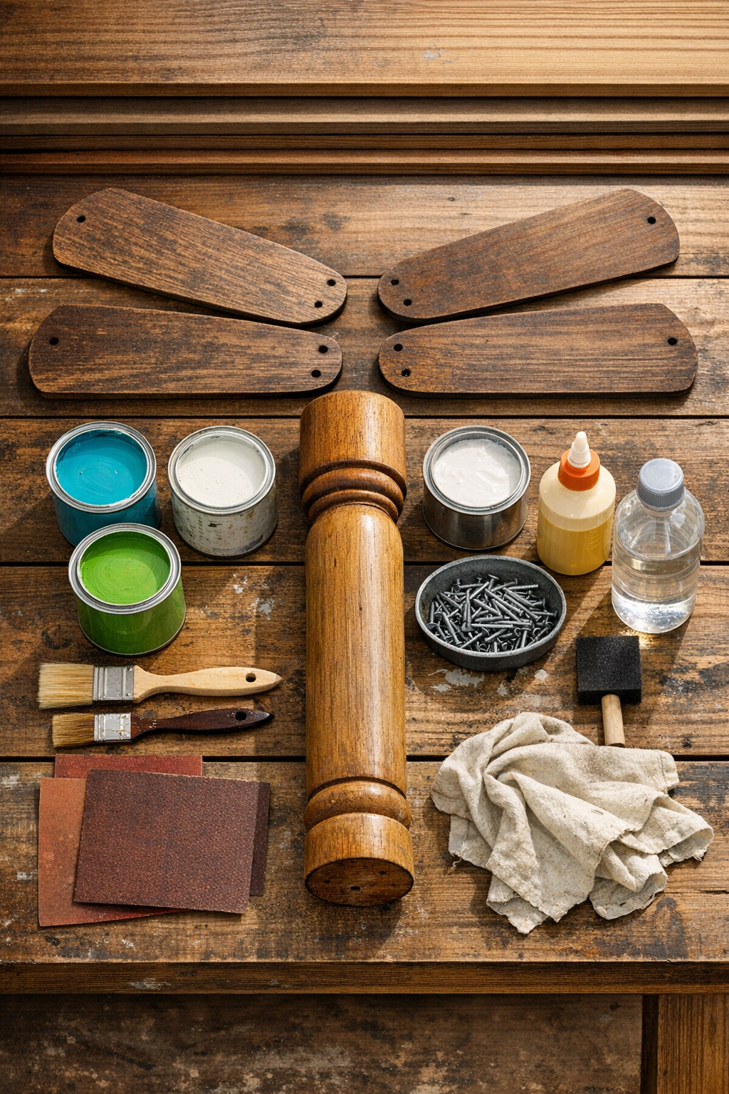 Materials for a giant wooden dragonfly laid out on a work surface