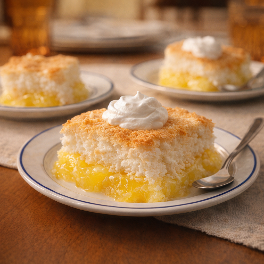 Slices of lemon angel food cake served for a family dessert