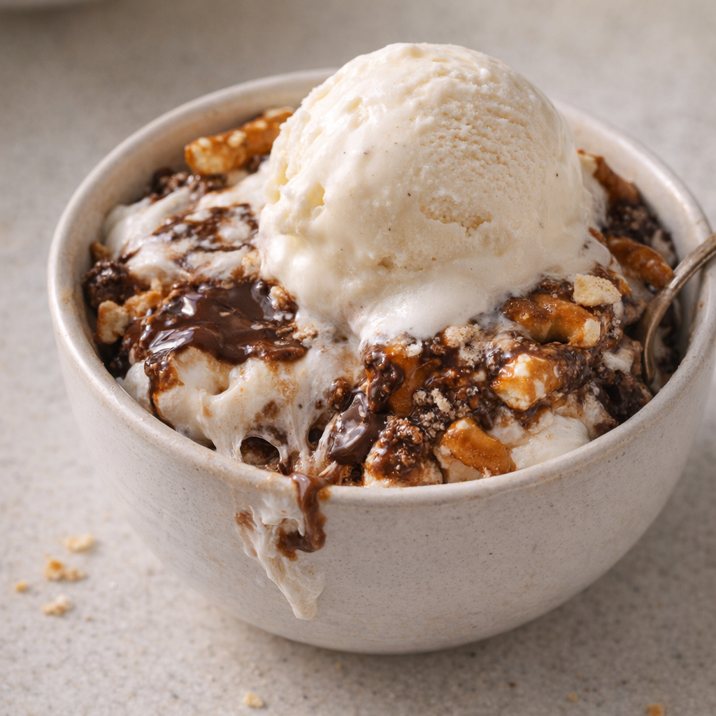 Warm serving of marshmallow fluff dessert with melting vanilla ice cream