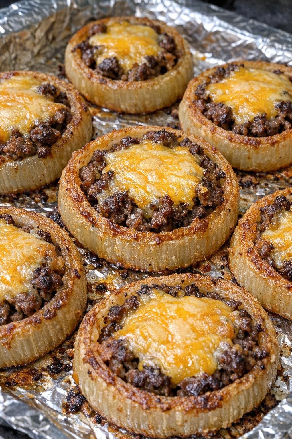 Oven baked beef stuffed onion rings on a foil-lined baking sheet