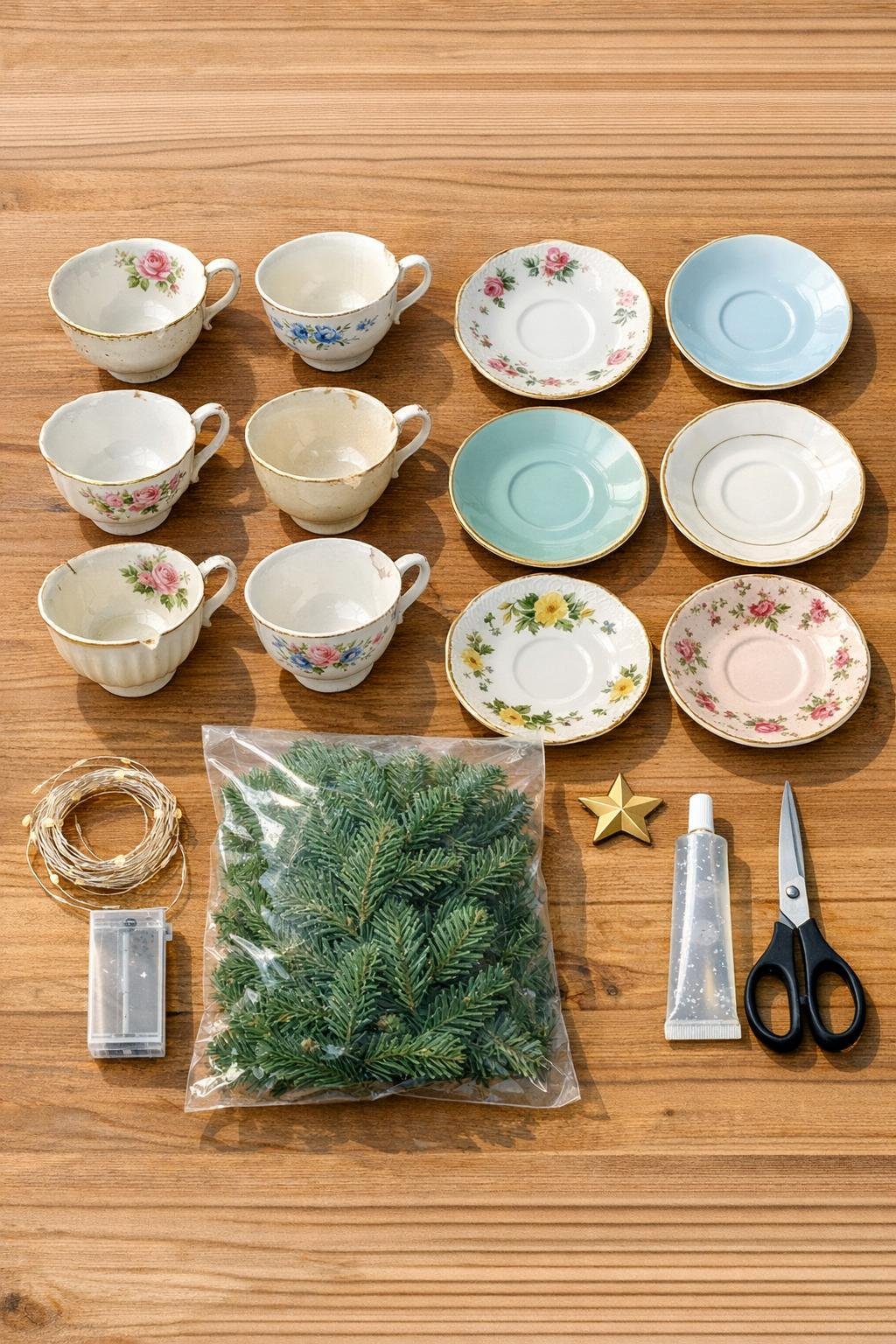 Materials for a teacup tiered mantel tree laid out neatly