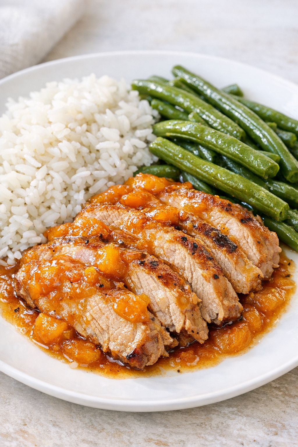 Plated sliced peach pork with sides