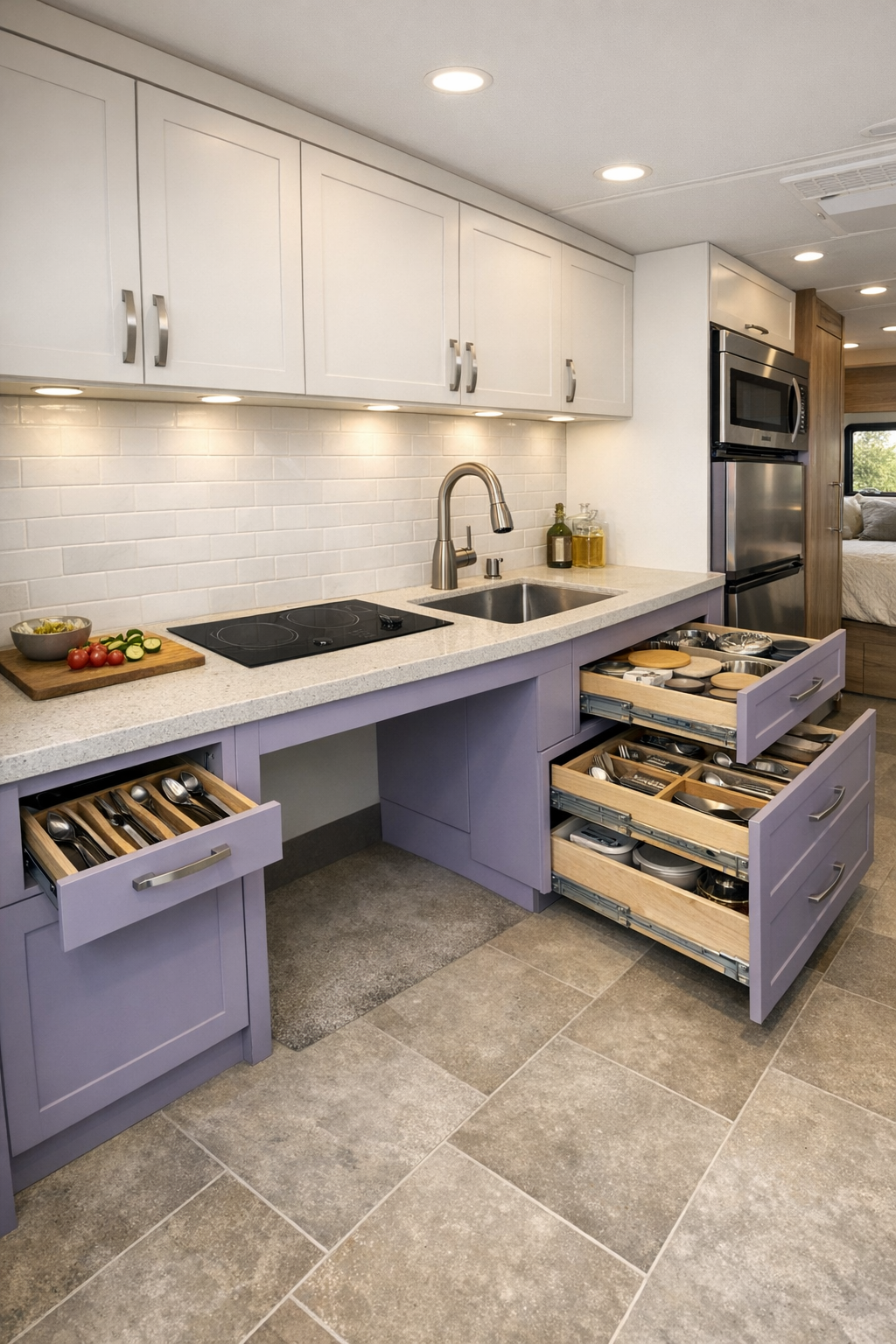 Pastel lavender accessible RV camper kitchen with quartz counters and white tile backsplash