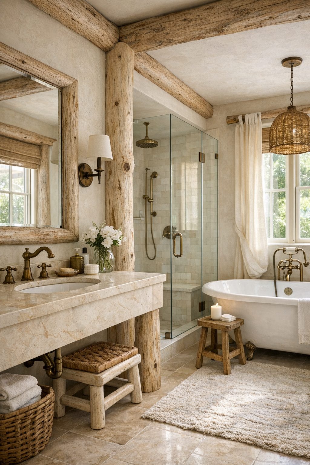Bathroom with cream marble vanity, brass fixtures, and a freestanding tub