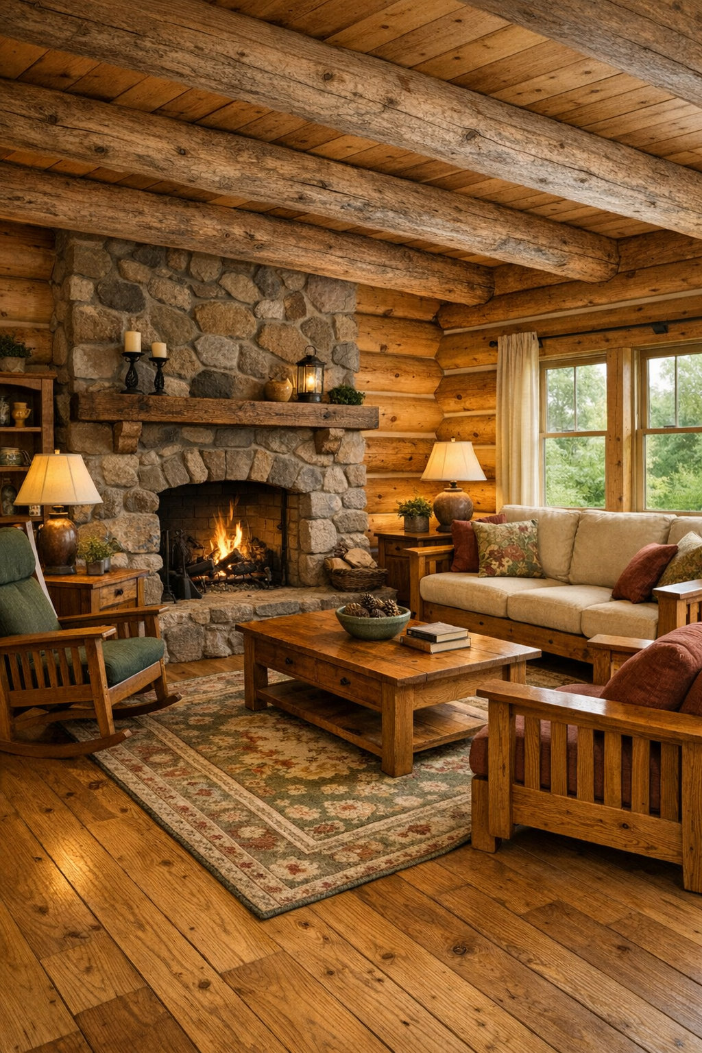 Living room with pine log walls, stone fireplace, oak furniture, and soft layered lighting