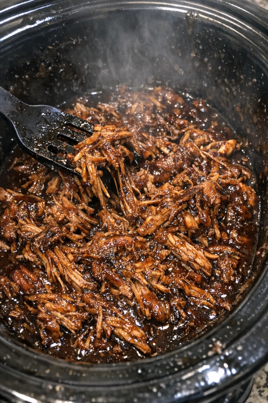 Slow-cooked pulled pork in dark sauce inside a slow cooker