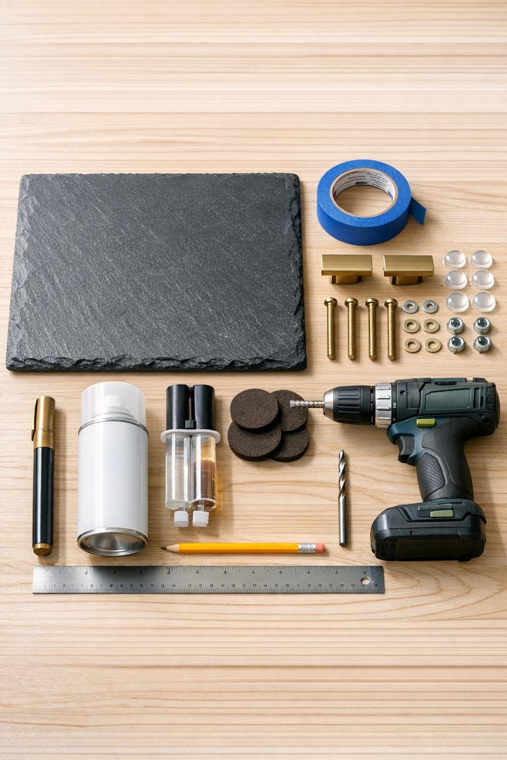 Materials for a slate bedroom accessory tray laid out neatly