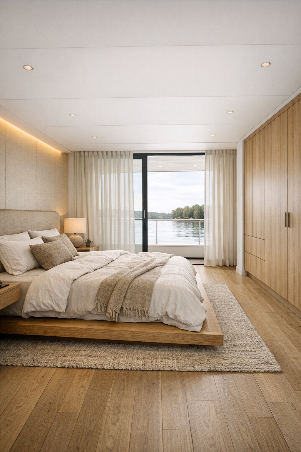 Calm accessible houseboat bedroom with a low oak bed and soft lake light