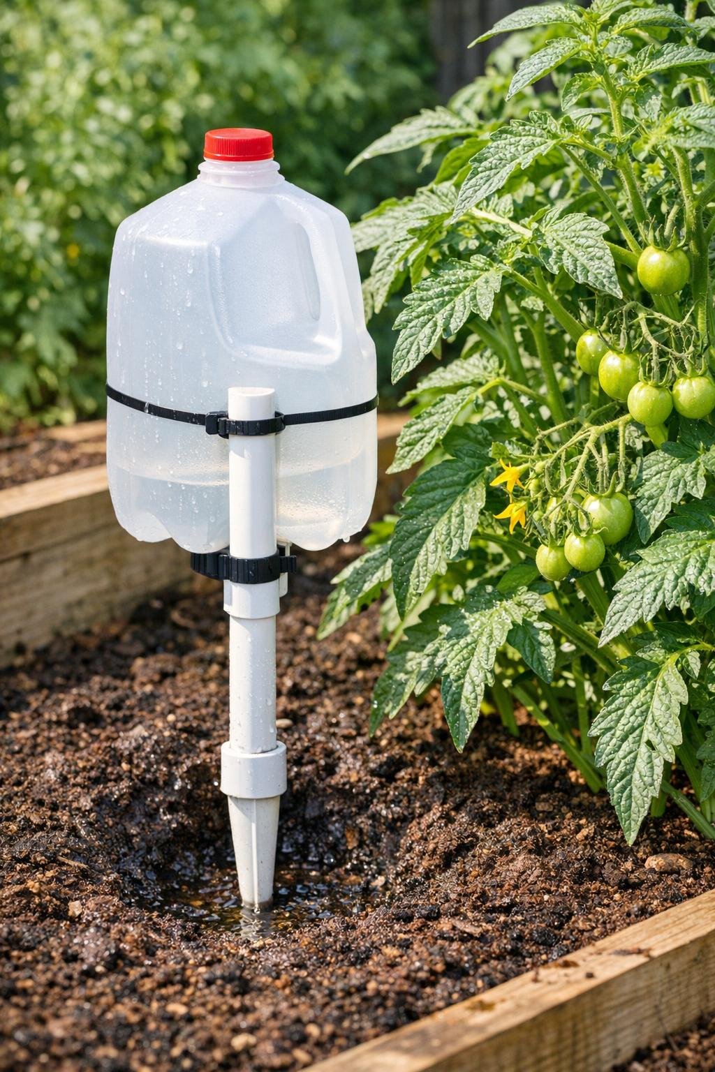Finished DIY deep-root watering spike beside a thriving garden plant