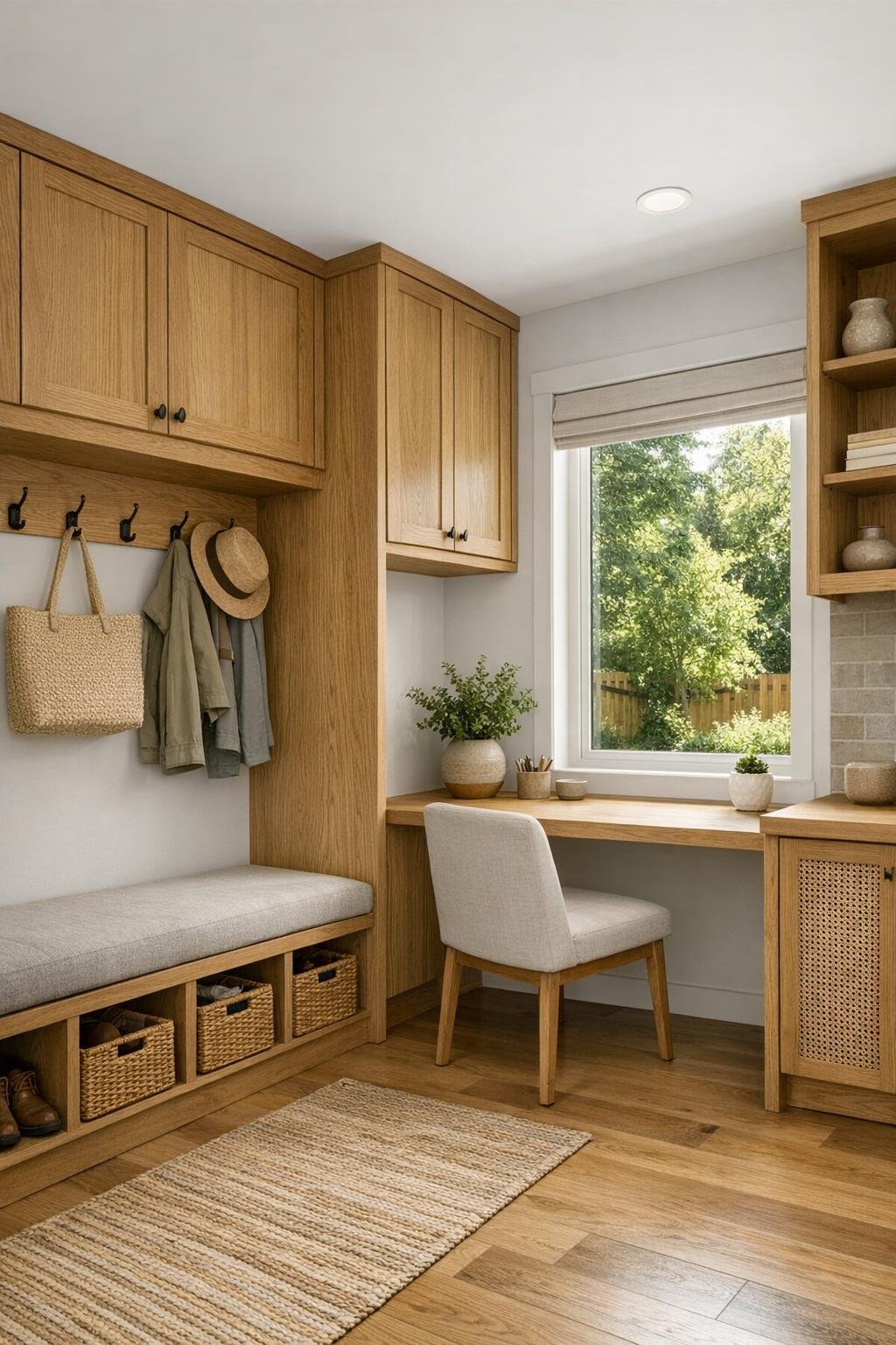 Compact flex area and mudroom storage with built-in oak cabinetry