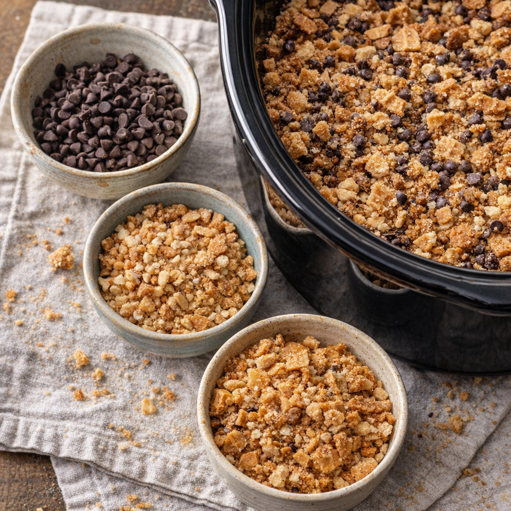 Small topping bowls of chocolate chips and chopped nuts beside the dessert