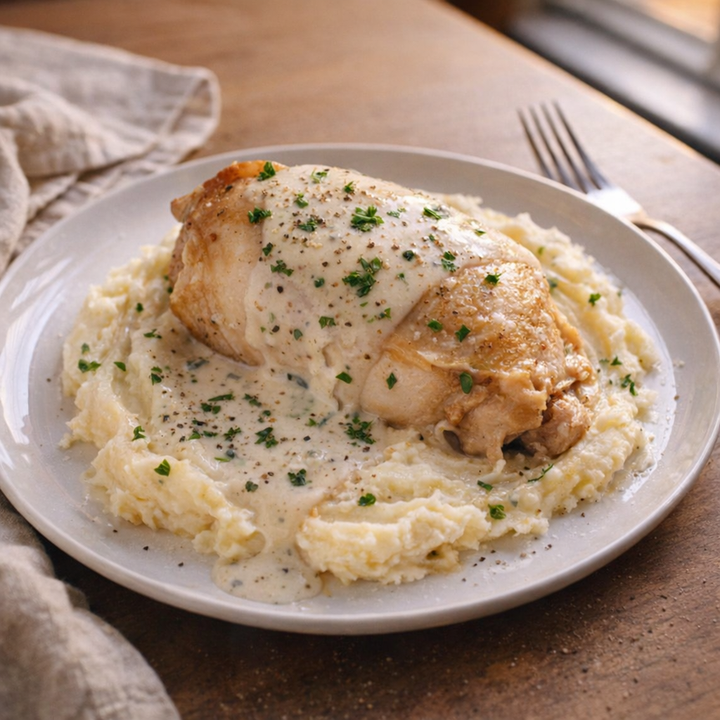 Slow cooker chicken served over mashed potatoes on a weeknight dinner table