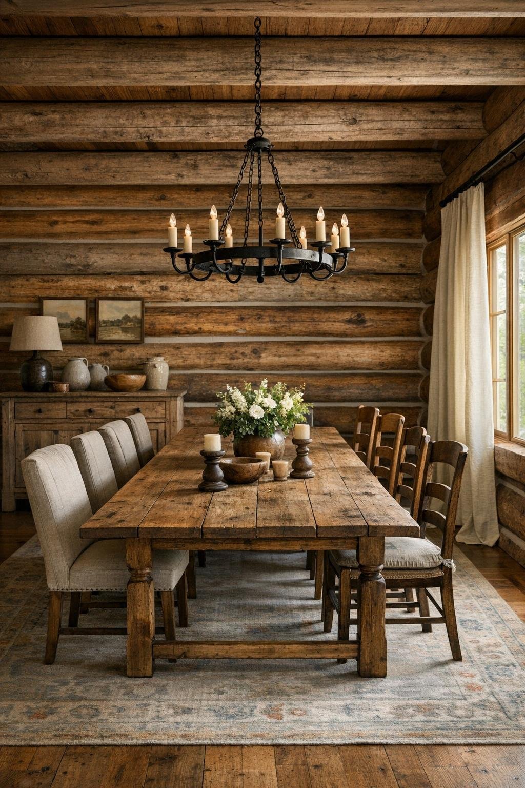 Warm dining room with a long wood table, mixed seating, and an iron chandelier