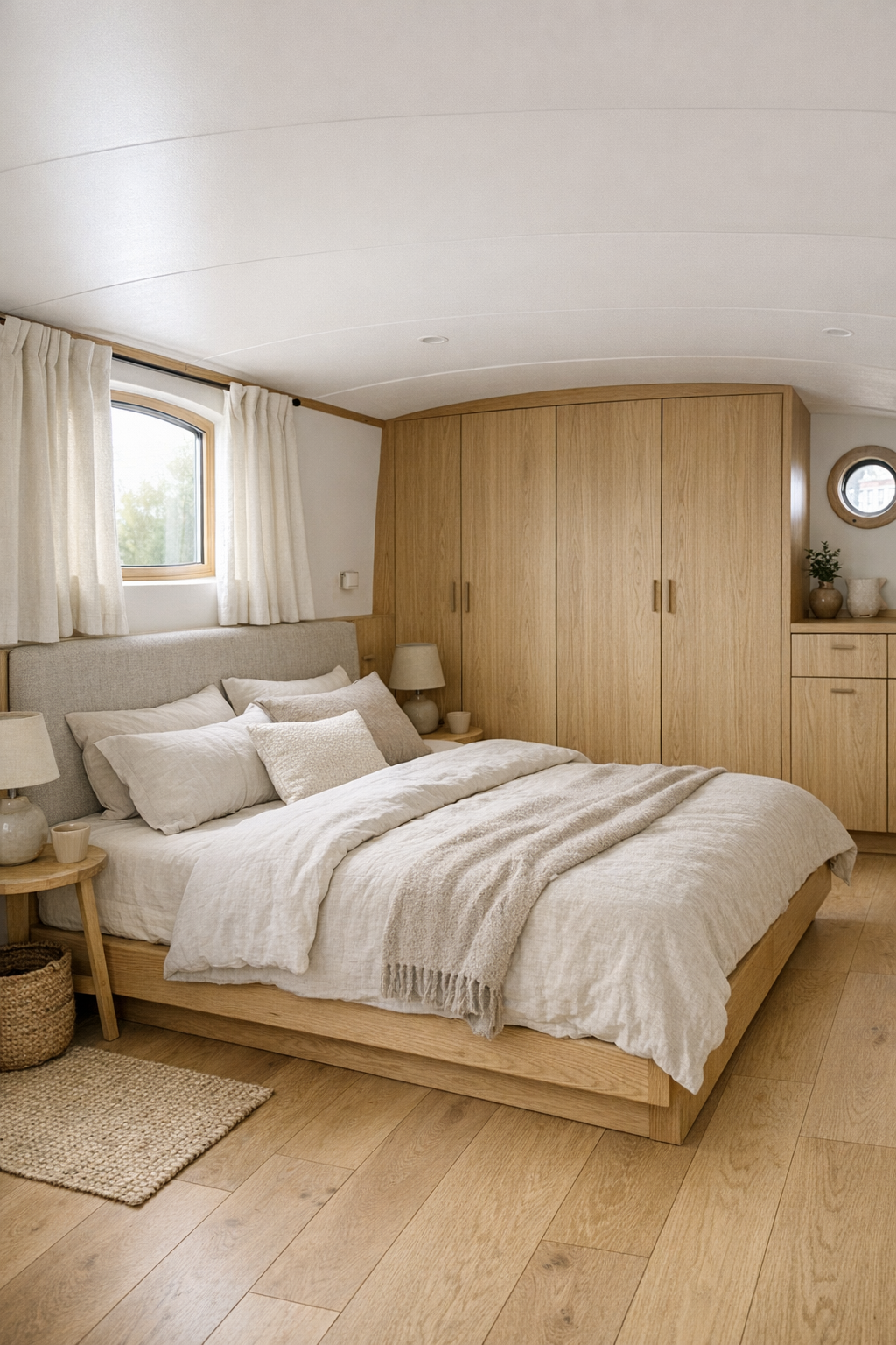 Calm bedroom on a Dutch barge houseboat with oak platform bed and linen textures