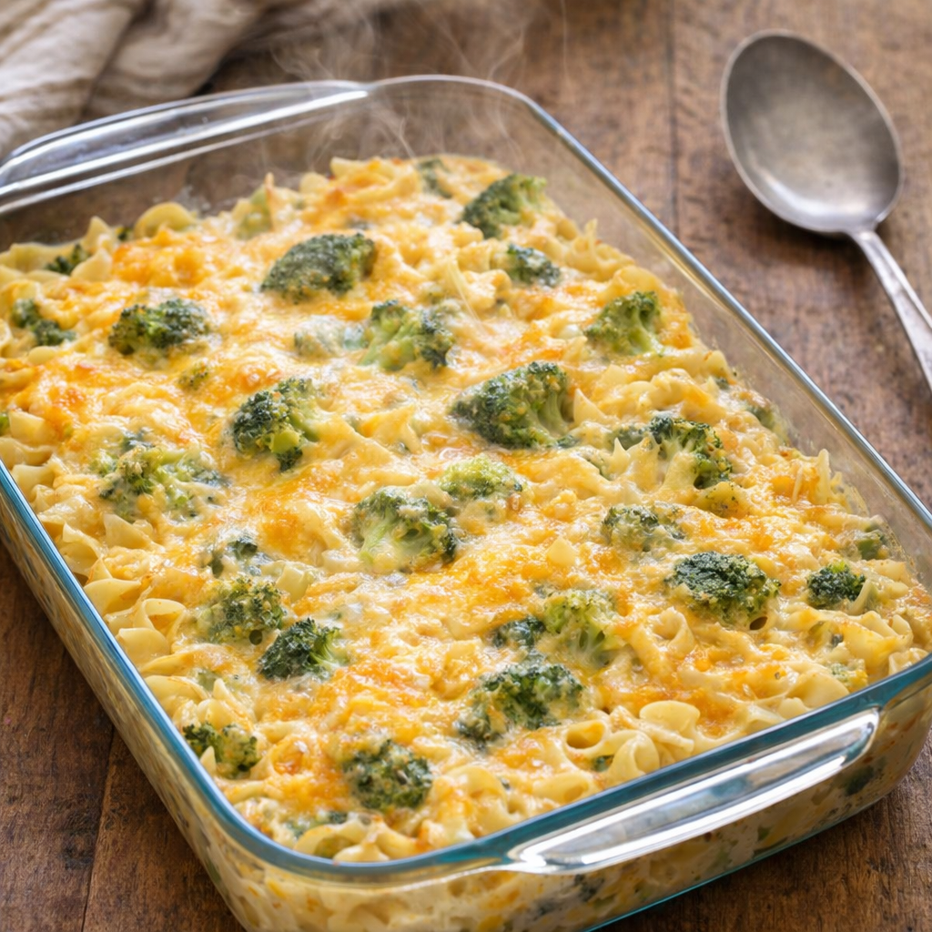 Bubbly cheddar broccoli noodle casserole in a baking dish