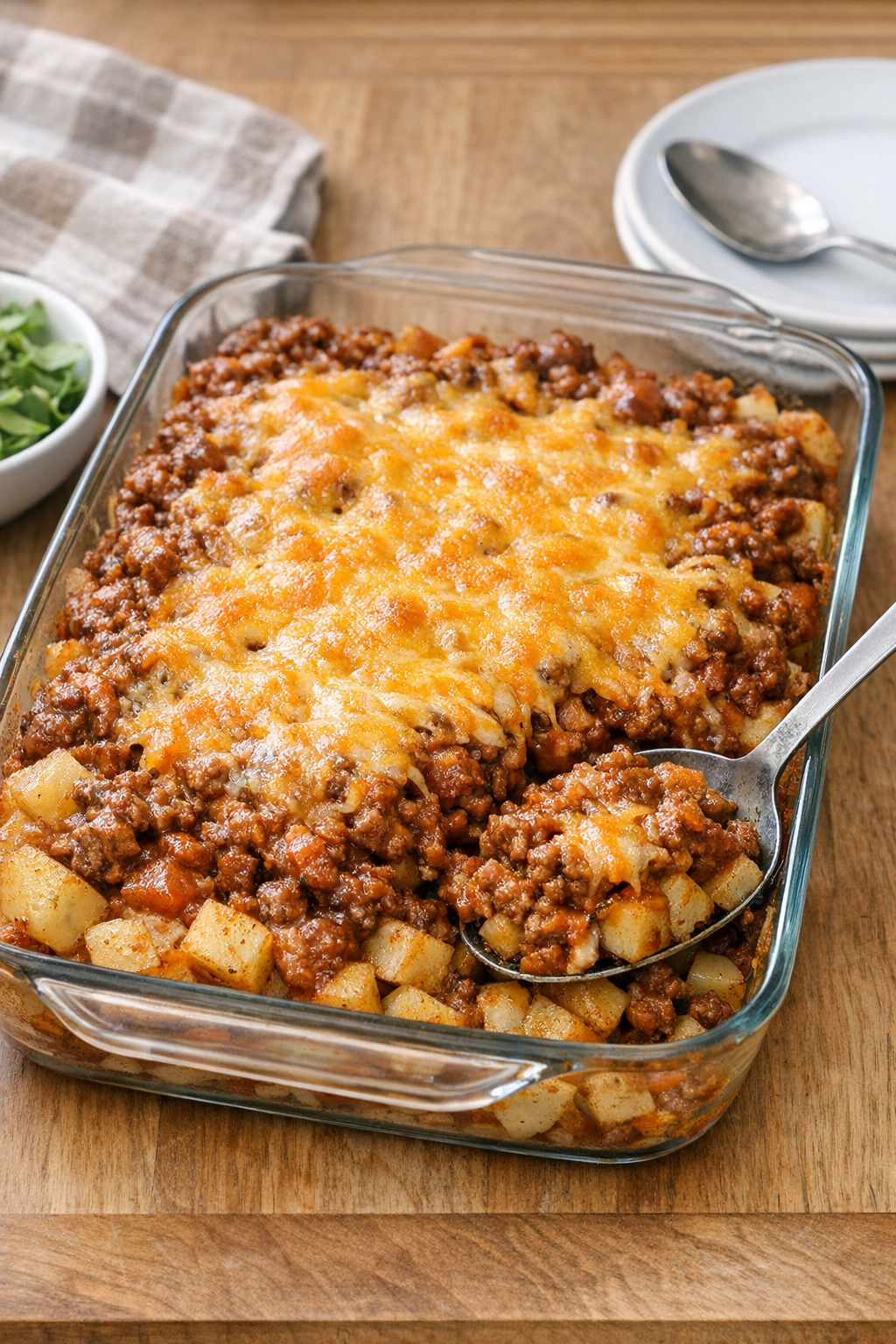 Finished sloppy joe potatoes baked in a casserole dish