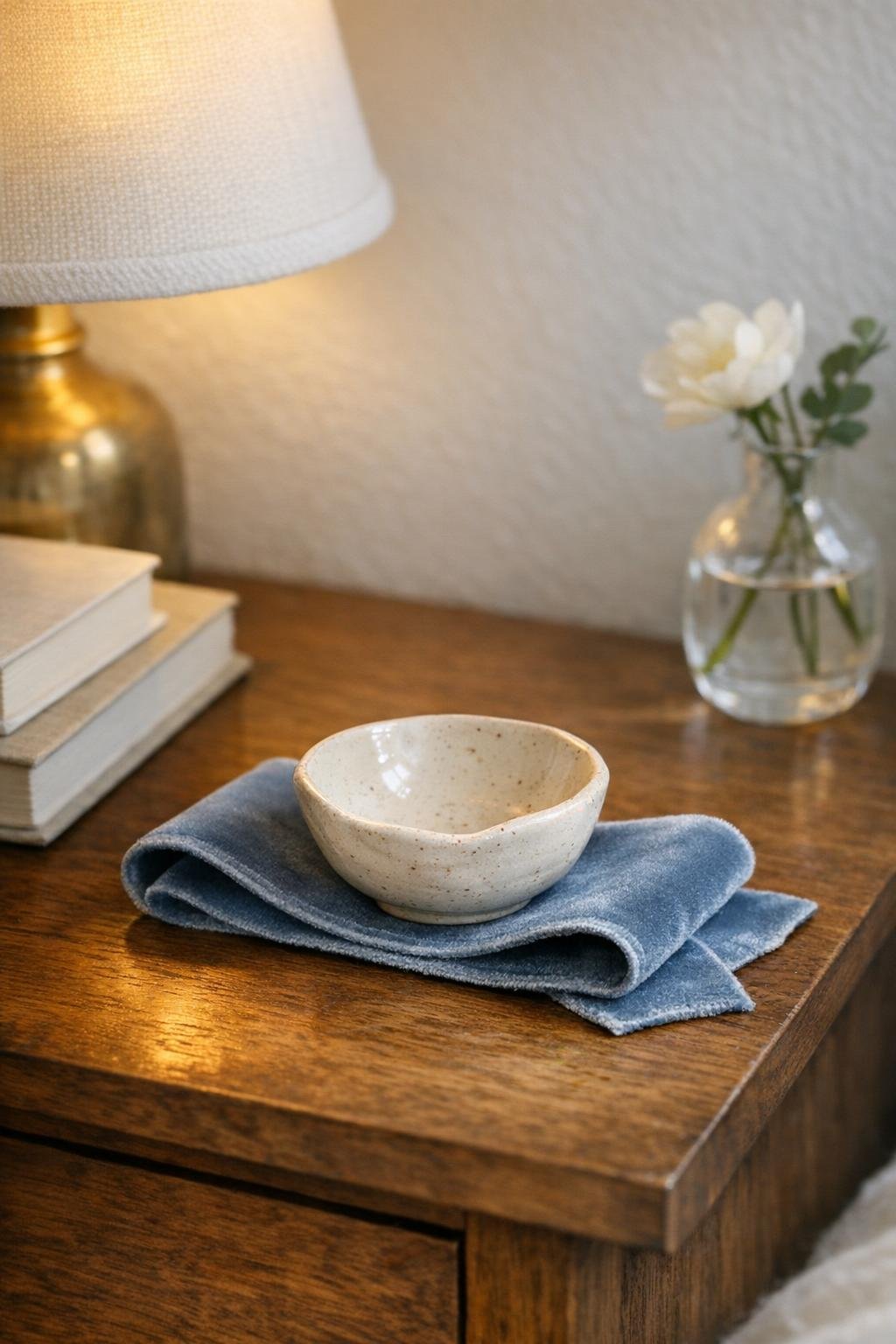 Finished ceramic bowl jewelry catch on folded velvet ribbon on a bedroom nightstand