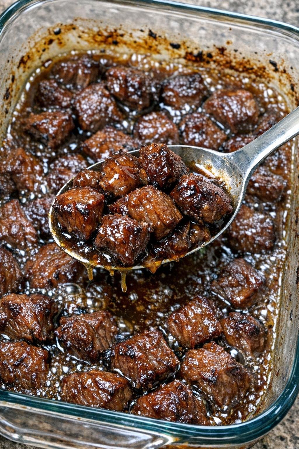 Bite-sized beef pieces in a bubbling savory glaze in a glass baking dish