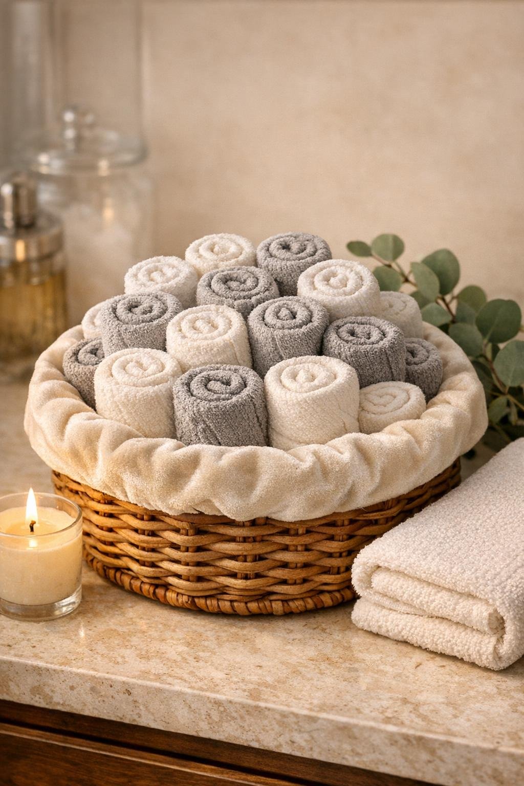 Finished velvet-lined woven basket filled with rolled flannel washcloths in a bathroom