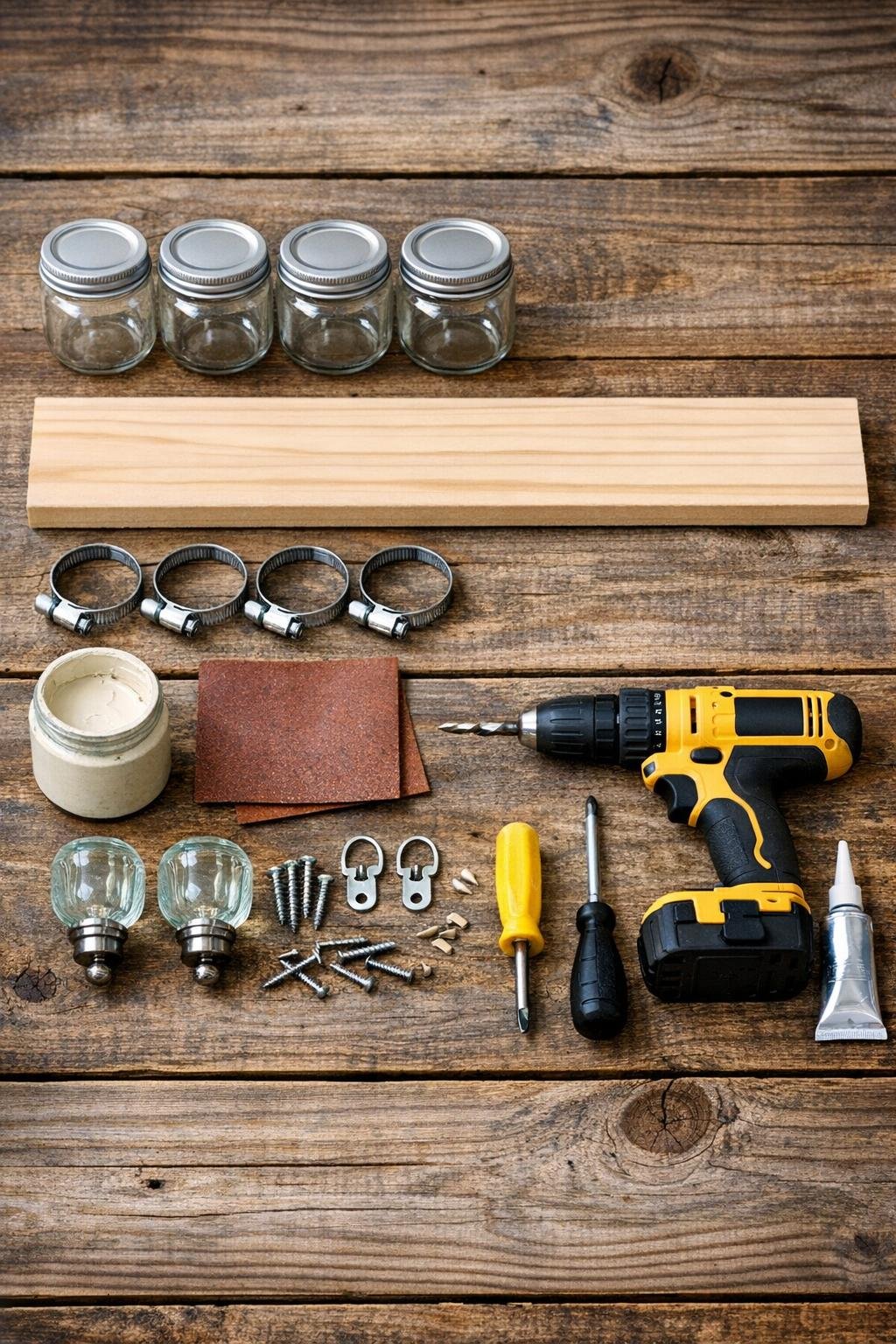 Materials for a vintage bathroom organizer made from baby food jars laid out on a table