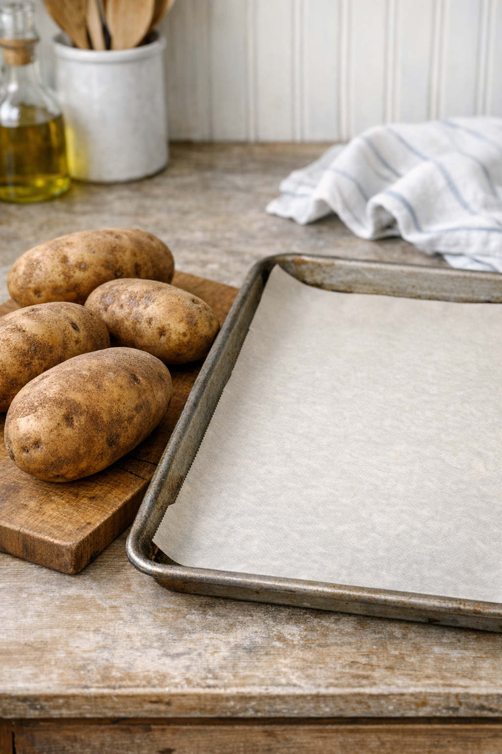 Scrubbed potatoes on a parchment-lined baking sheet