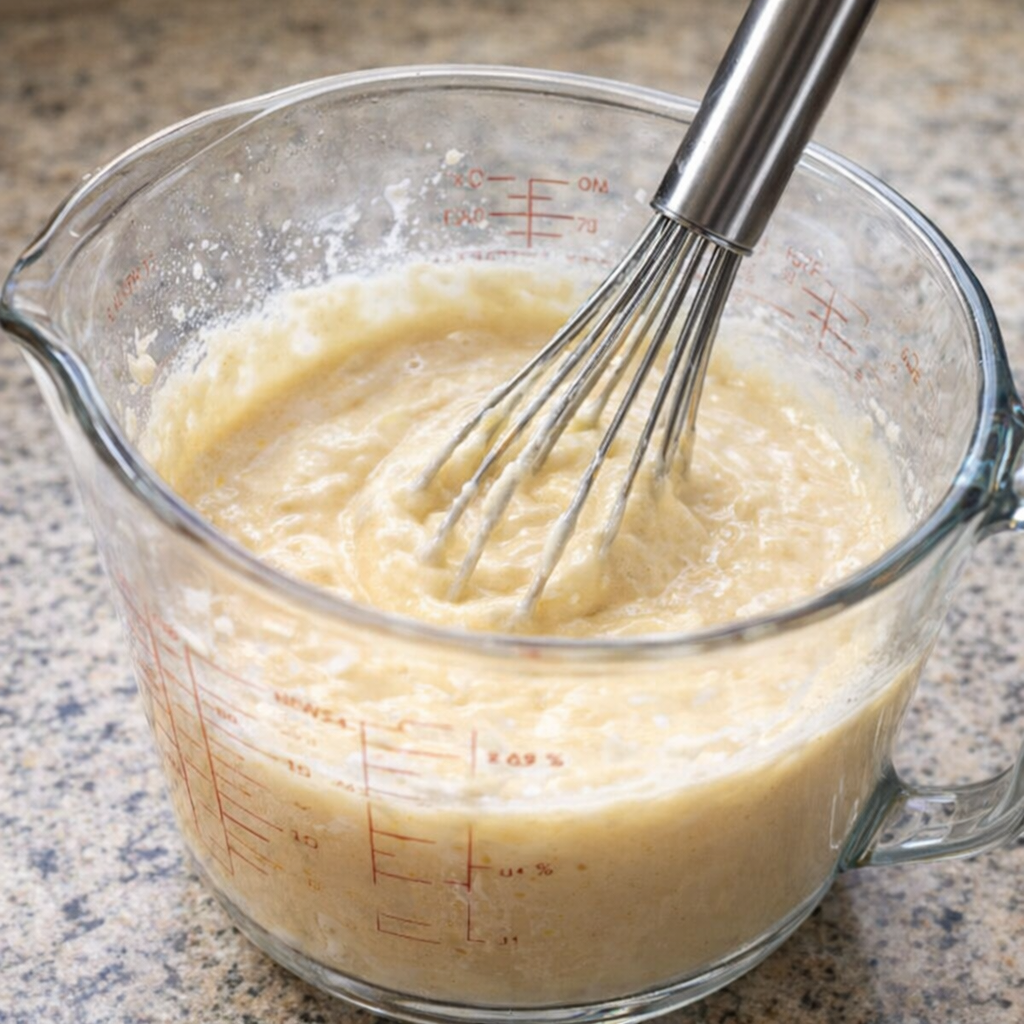Alfredo sauce and broth being whisked together