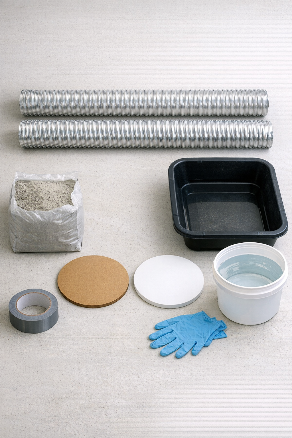 Materials for making ribbed cement yard pillars laid out on a work surface