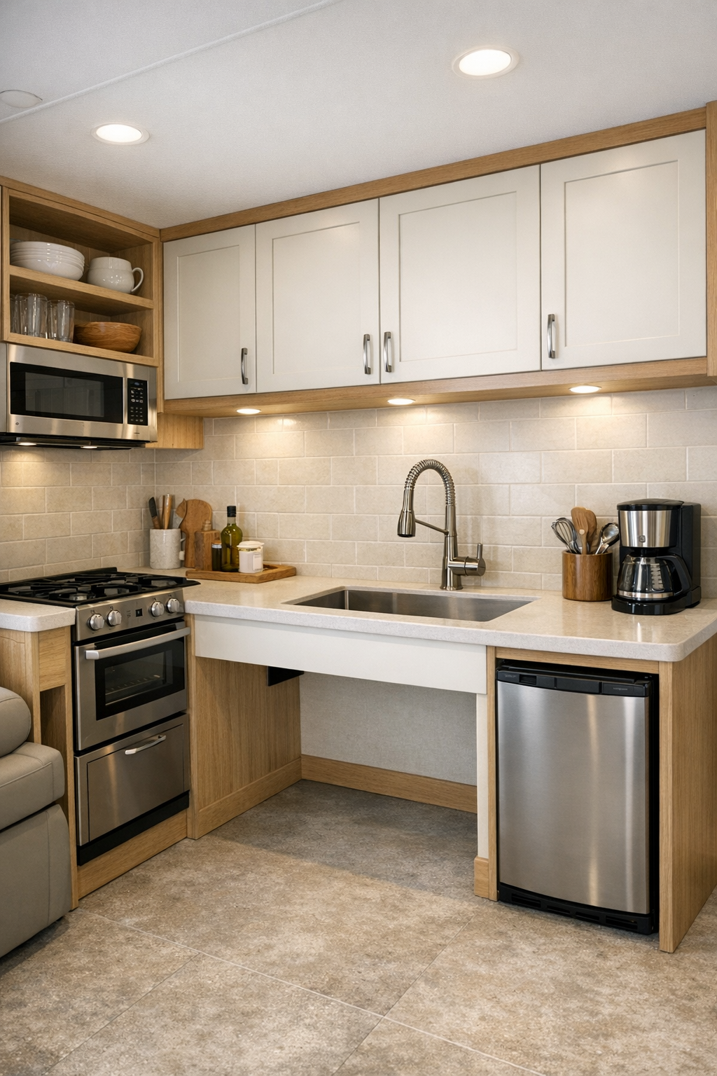 Accessible RV kitchen with cream cabinets, pale counters, and warm under-cabinet lighting