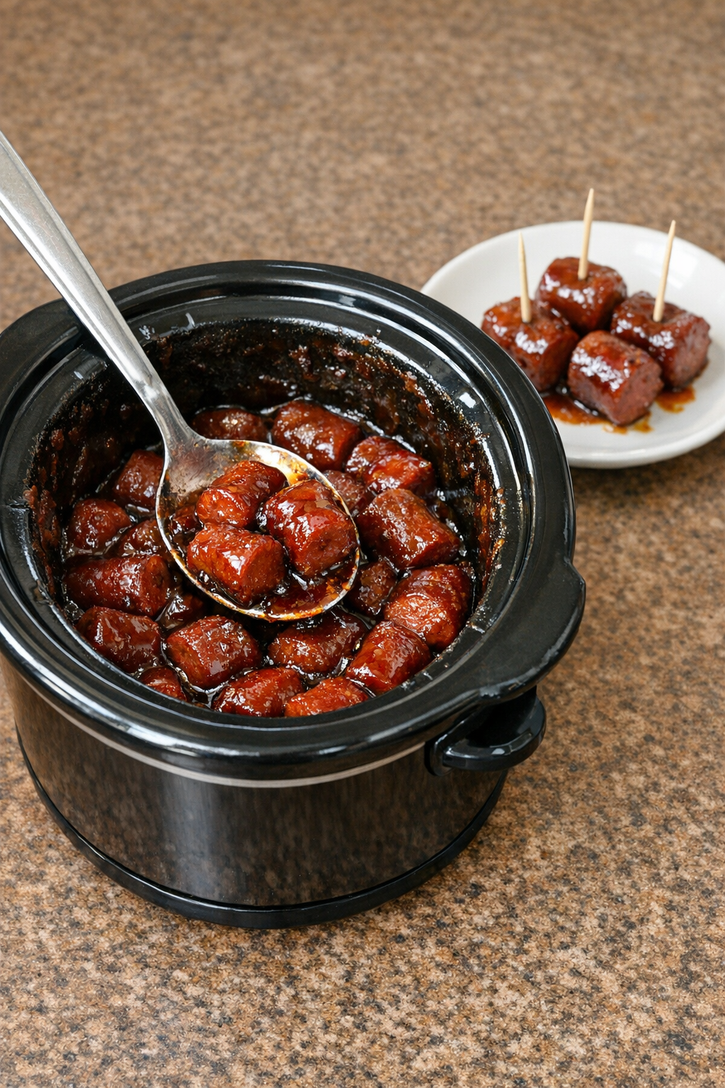 Finished barbecue hot dog bites in a slow cooker