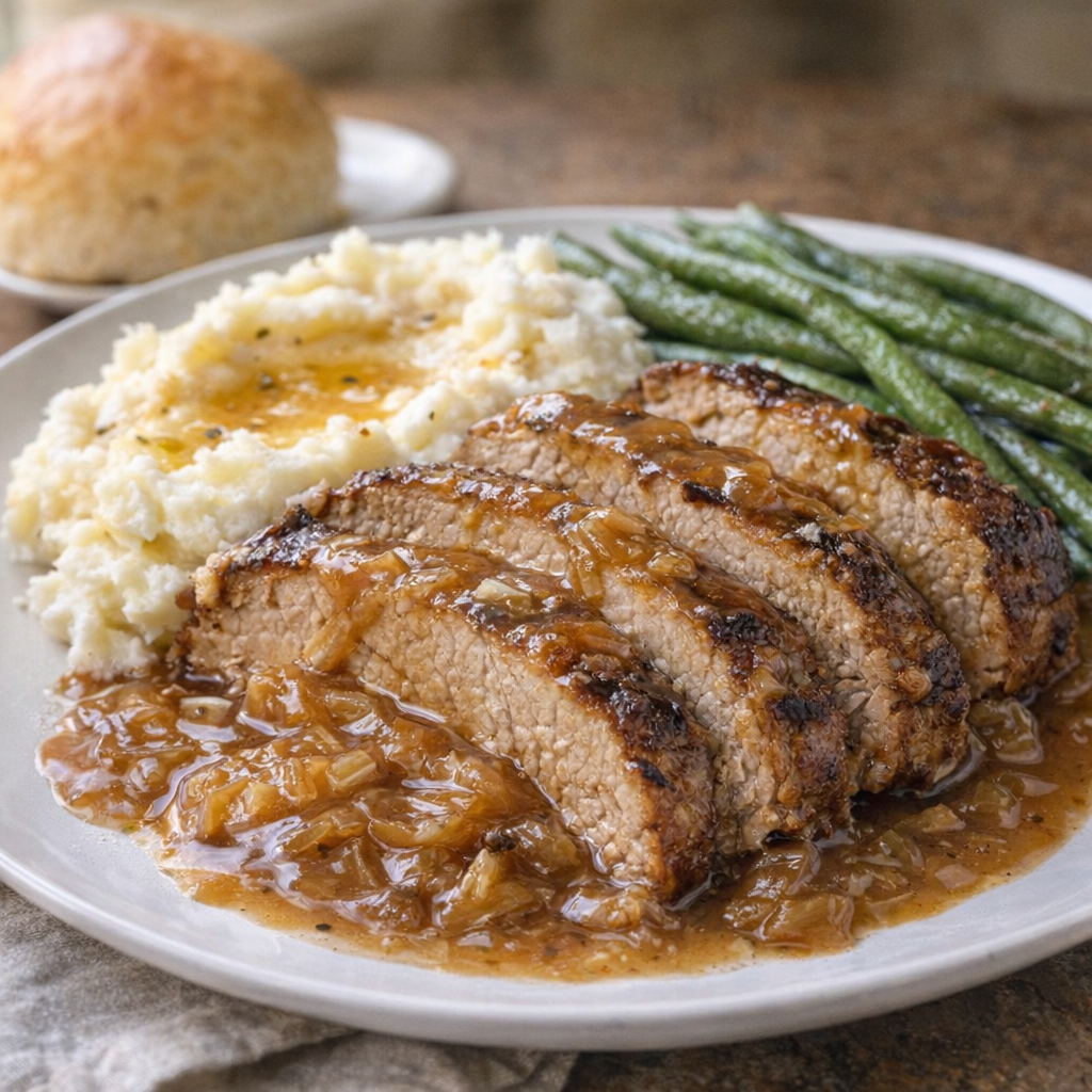 Plated pork roast with mashed potatoes and green beans