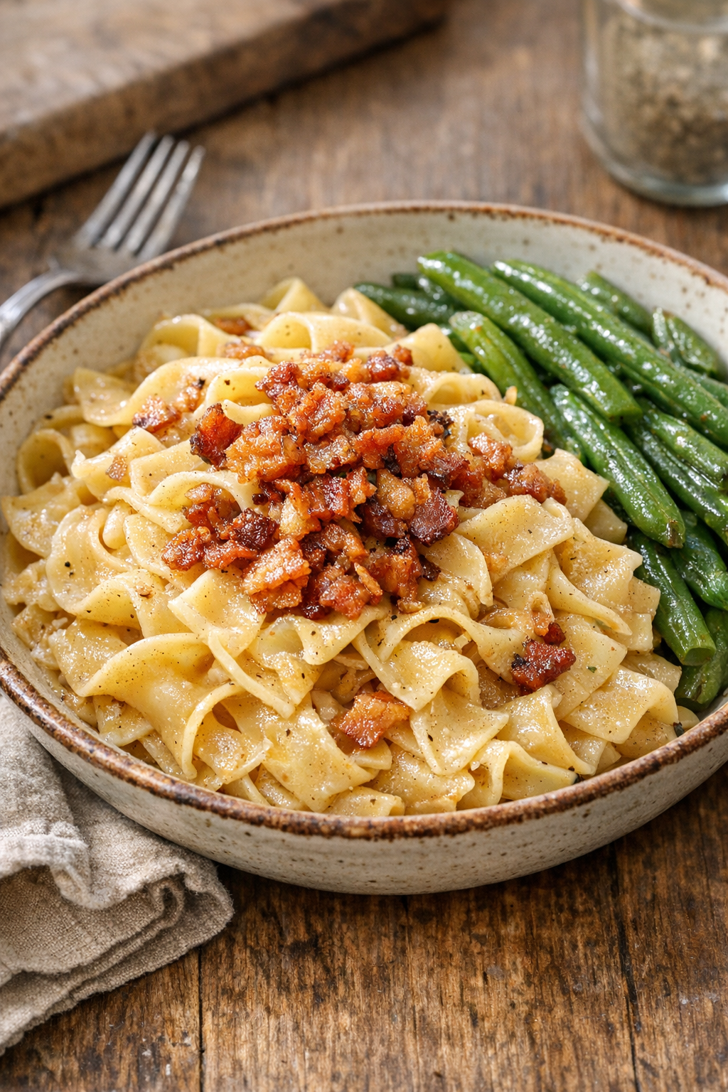 Plated bacon fat noodles with simple side vegetables