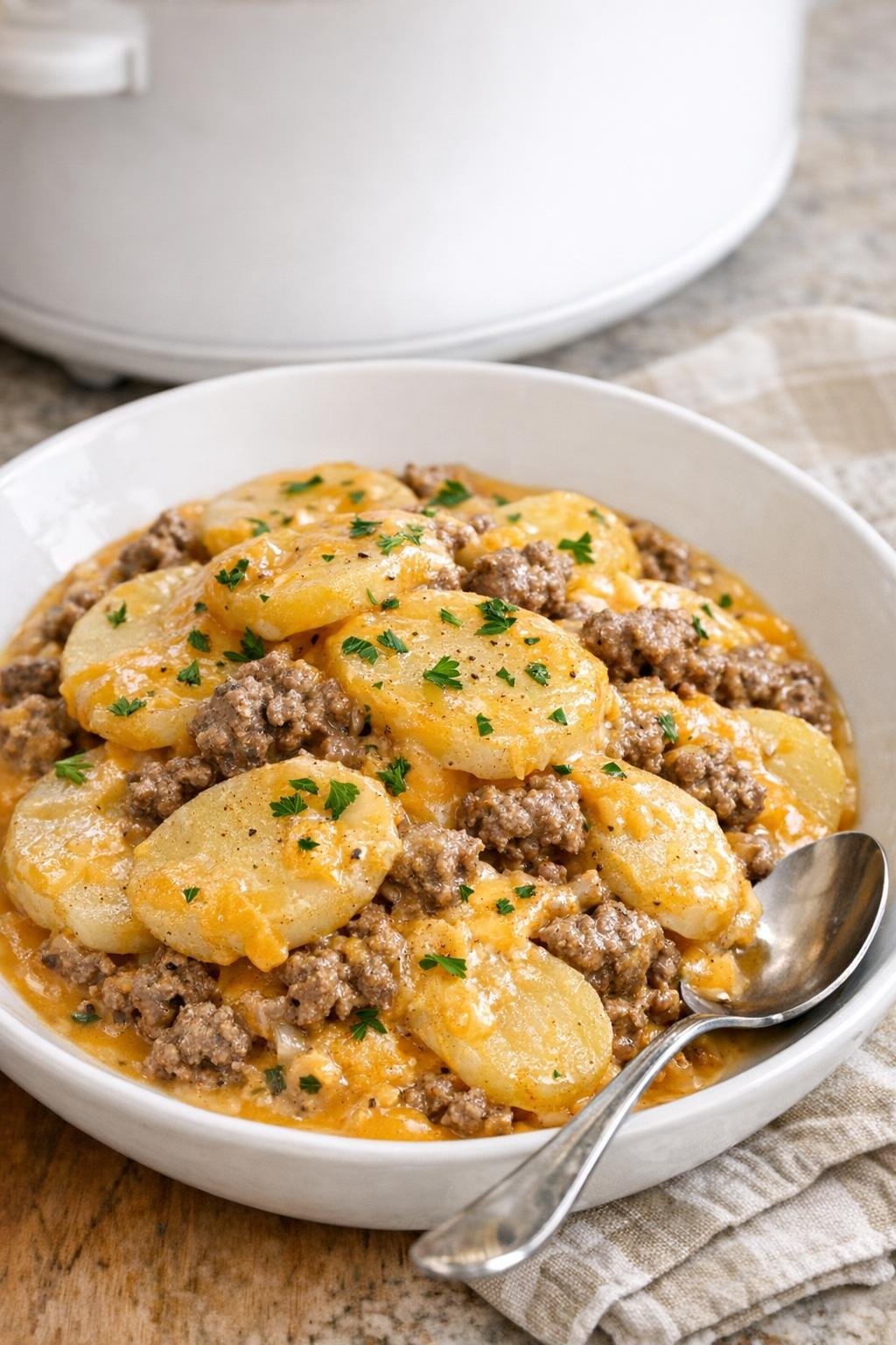 Finished cheesy beef and potato bake plated in a bowl
