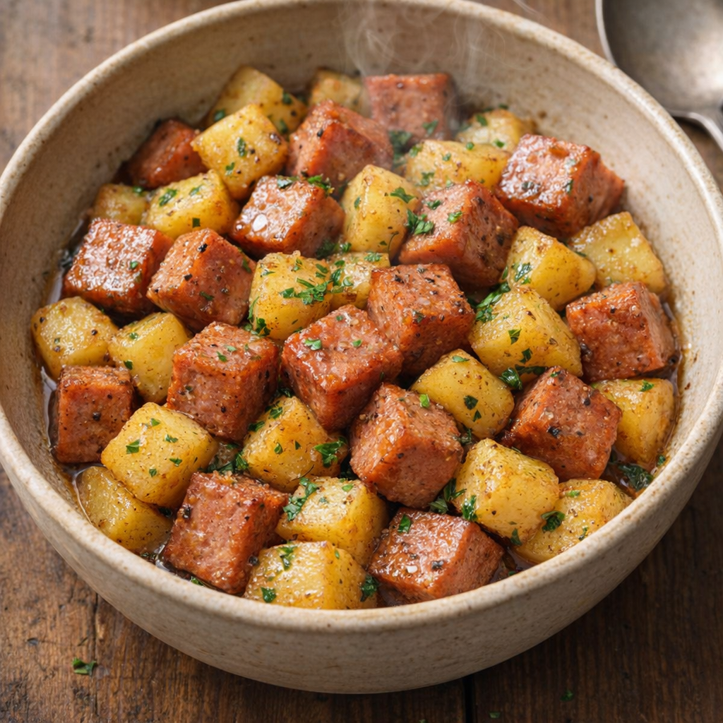 Slow cooker Spam and potatoes served in a rustic bowl