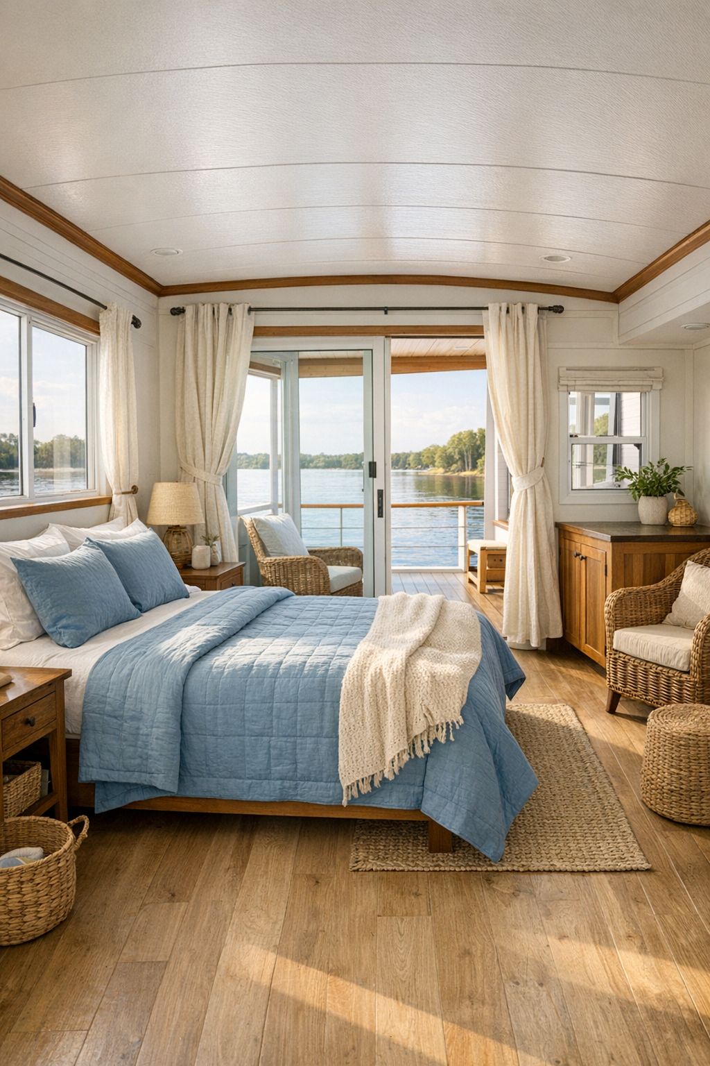 Peaceful cottage bedroom with soft blue bedding, warm wood tones, and an airy layout